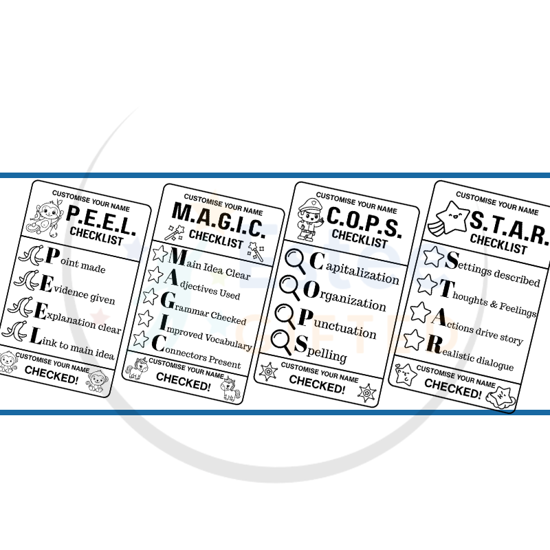 Custom Composition Writing Teacher Checklist Stamps – P.E.E.L., S.T.A.R., M.A.G.I.C., C.O.P.S. | Personalised | 84×54mm