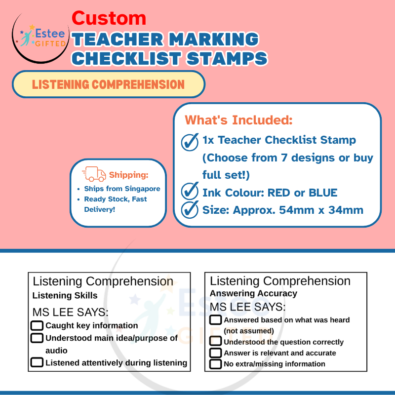 Custom Listening Comprehension Teacher Stamp – Singapore Primary English Checklist | 54×34mm