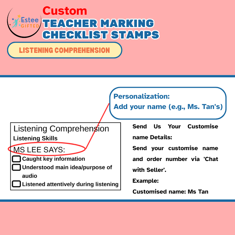 Custom Listening Comprehension Teacher Stamp – Singapore Primary English Checklist | 54×34mm