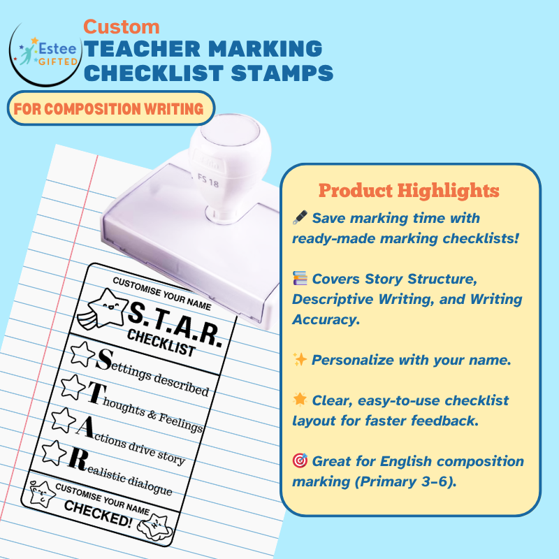 Custom Composition Writing Teacher Checklist Stamps – P.E.E.L., S.T.A.R., M.A.G.I.C., C.O.P.S. | Personalised | 84×54mm