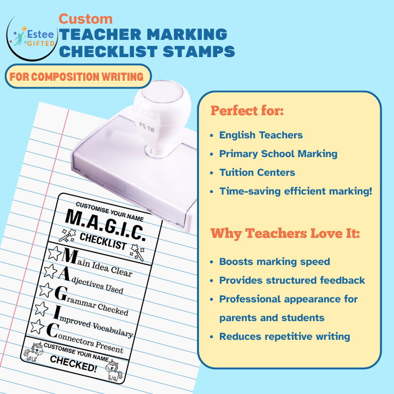 Custom Composition Writing Teacher Checklist Stamps – P.E.E.L., S.T.A.R., M.A.G.I.C., C.O.P.S. | Personalised | 84×54mm