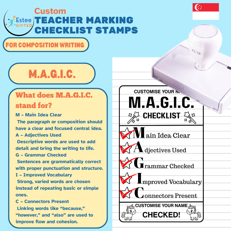 Custom Composition Writing Teacher Checklist Stamps – P.E.E.L., S.T.A.R., M.A.G.I.C., C.O.P.S. | Personalised | 84×54mm