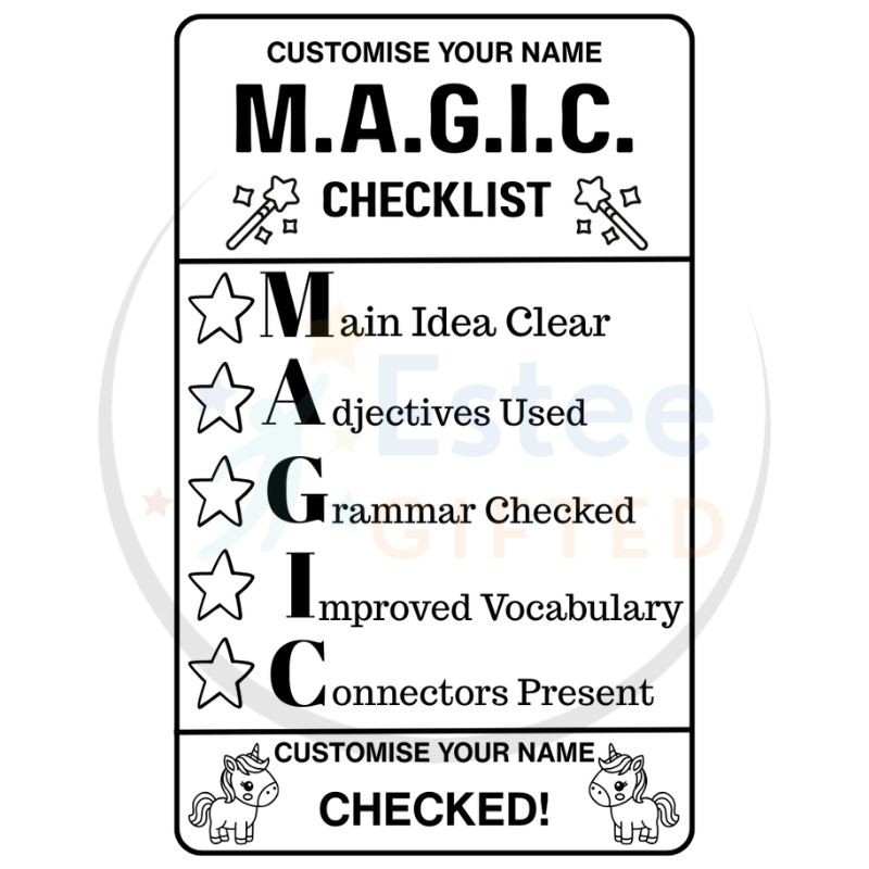 Custom Composition Writing Teacher Checklist Stamps – P.E.E.L., S.T.A.R., M.A.G.I.C., C.O.P.S. | Personalised | 84×54mm