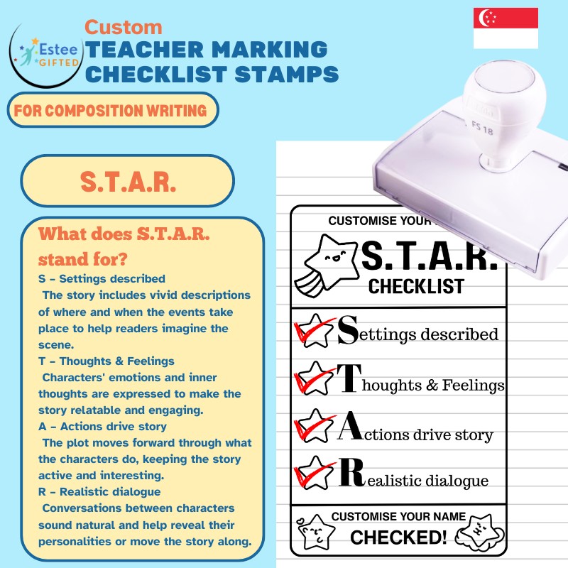 Custom Composition Writing Teacher Checklist Stamps – P.E.E.L., S.T.A.R., M.A.G.I.C., C.O.P.S. | Personalised | 84×54mm