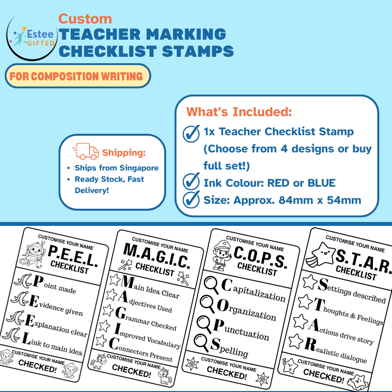 Custom Composition Writing Teacher Checklist Stamps – P.E.E.L., S.T.A.R., M.A.G.I.C., C.O.P.S. | Personalised | 84×54mm